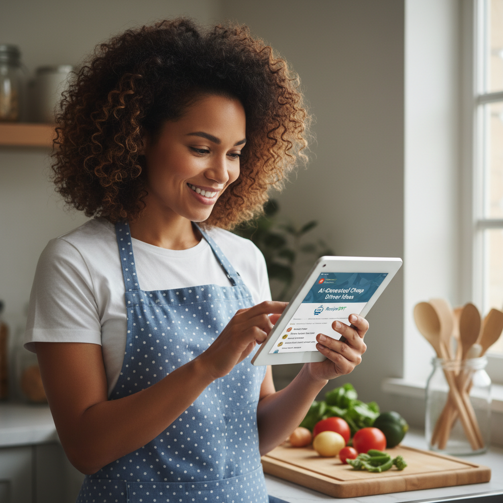 A person smiling while looking at a tablet displaying an AI-generated recipe in a modern kitchen.