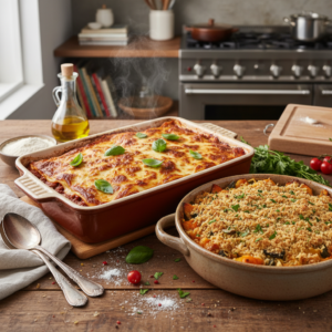 A photorealistic image of a steaming baked lasagna and a golden chicken casserole on a kitchen counter, highlighting easy and comforting dinner ideas.