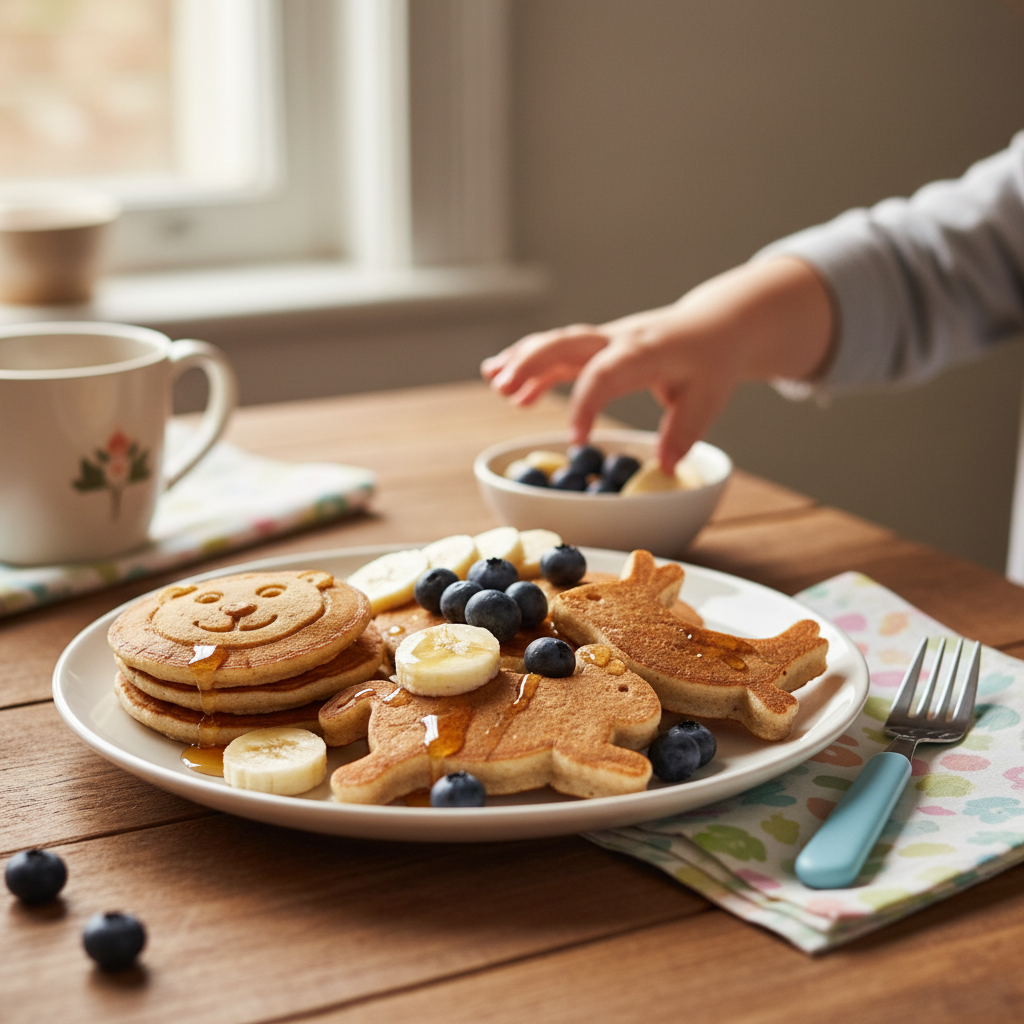 A plate of animal-shaped whole-wheat pancakes with fruit, a kid-friendly healthy breakfast.