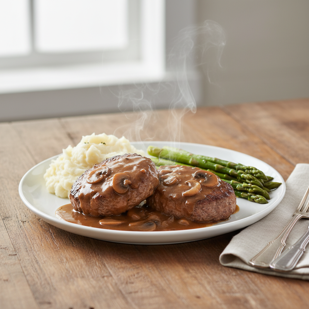 A plated Salisbury steak dinner featuring two patties covered in mushroom gravy, served with mashed potatoes and green asparagus on a rustic table.
