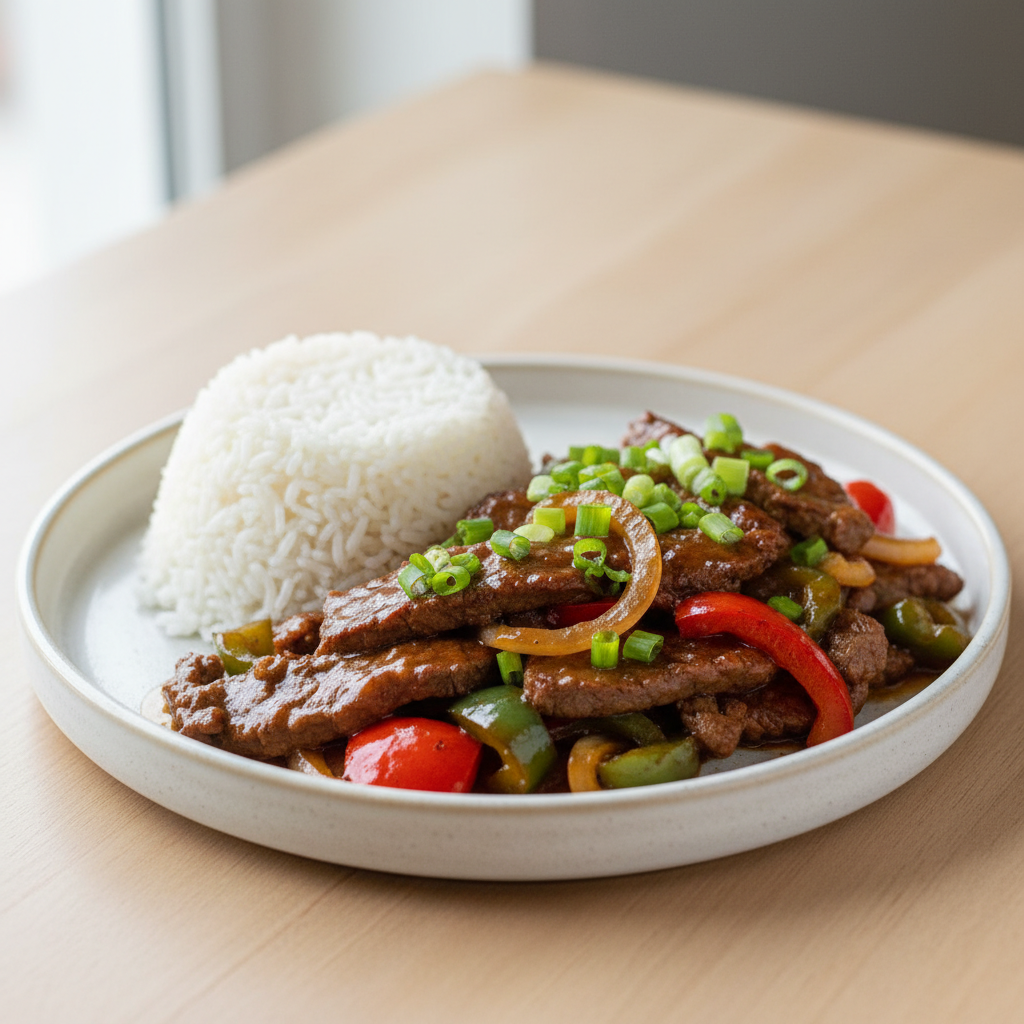 A plated serving of savory pepper steak with vibrant bell peppers and onions in a brown sauce, served with white rice and garnished with green onions.