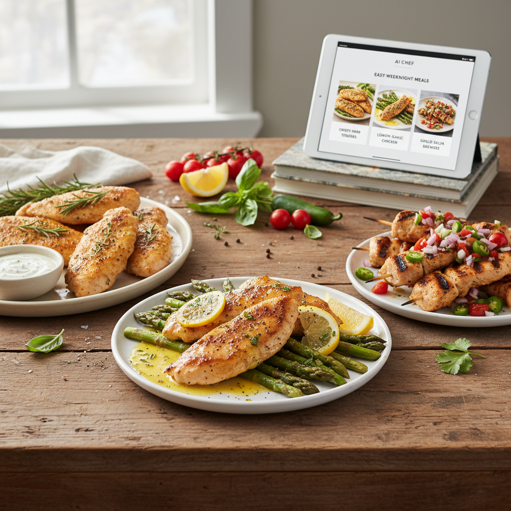 A professional food photograph featuring three delicious and easy chicken tenderloin dishes, including baked, pan-seared, and grilled preparations, beautifully plated on a wooden counter with fresh garnishes.