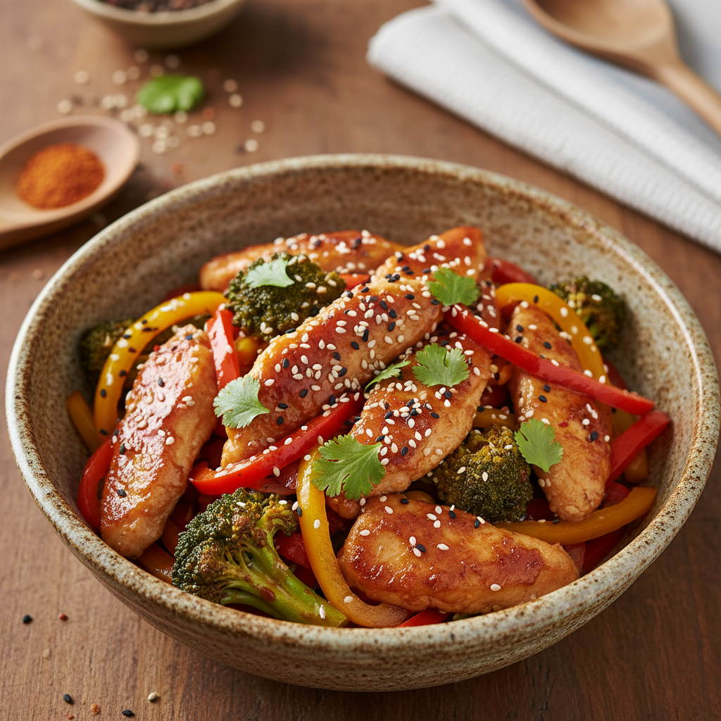 A professional photograph of a chicken tenderloin stir-fry with broccoli and peppers in a rustic bowl.
