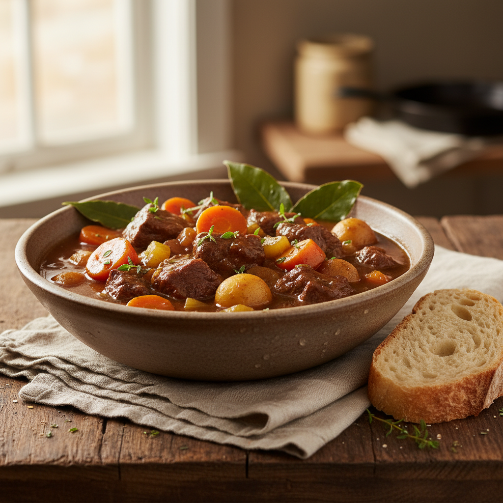 A rustic bowl of hearty beef stew with chunks of beef, carrots, and potatoes, served with crusty bread.