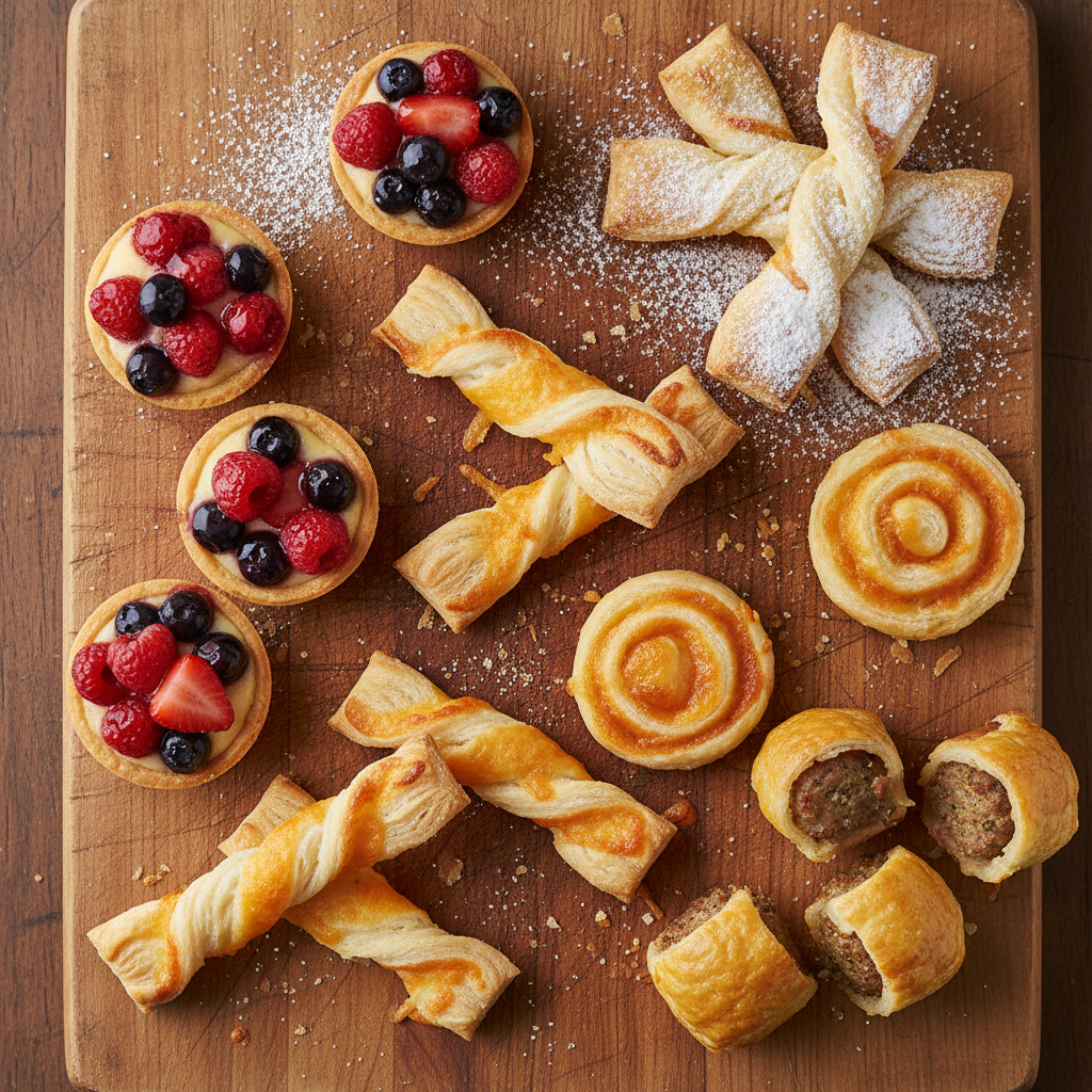 A rustic wooden board displaying a variety of golden-brown puff pastry creations, including mini fruit tarts, palmiers, cheese twists, and sausage rolls, highlighting the pastry's versatility.