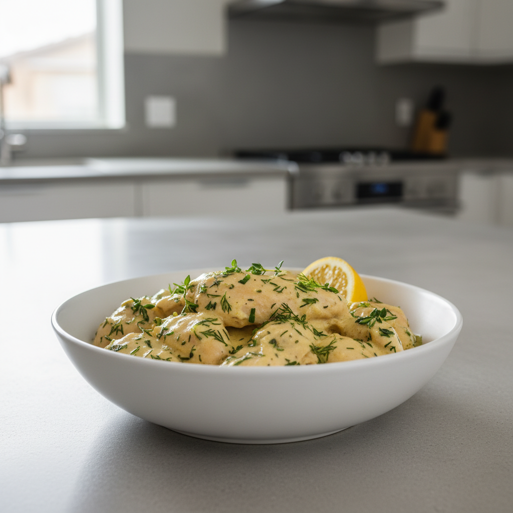 A serving of creamy slow cooker lemon herb chicken, garnished with fresh dill and a lemon wedge, in a white bowl.