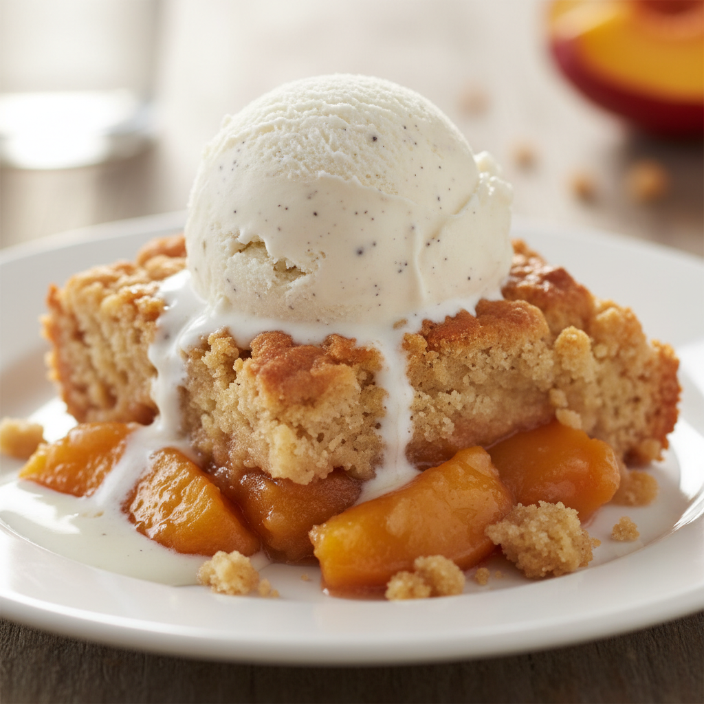 A slice of warm peach cobbler served on a white plate with a scoop of melting vanilla ice cream on top.