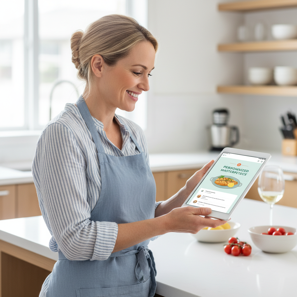 A smiling woman in a bright, modern kitchen looking at a tablet displaying a personalized tilapia recipe on an AI cooking app.