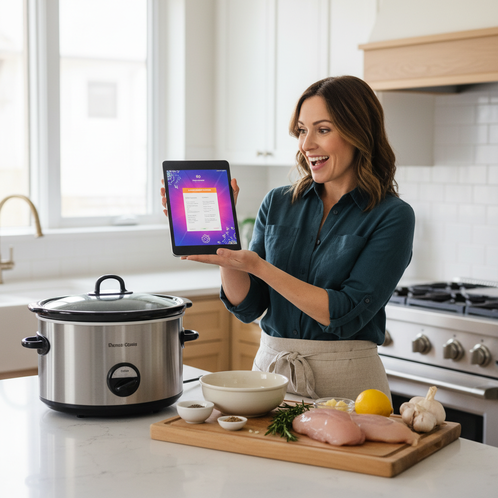 A smiling woman in a modern kitchen looks at personalized slow cooker recipes on a tablet, with a slow cooker nearby.