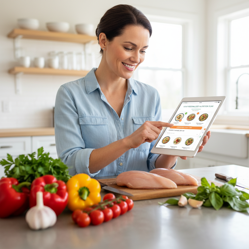 A smiling woman looks at a tablet displaying an AI-generated healthy meal plan, with fresh ingredients on a kitchen counter.