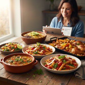 A spread of delicious and affordable AI-generated dinner ideas on a kitchen counter, including a stew, pasta, and roasted vegetables, with a happy home cook looking at a tablet in the background.