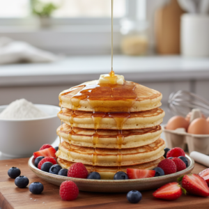 A stack of golden-brown fluffy pancakes topped with melting butter, fresh mixed berries, and a generous drizzle of maple syrup, in a warm kitchen setting.