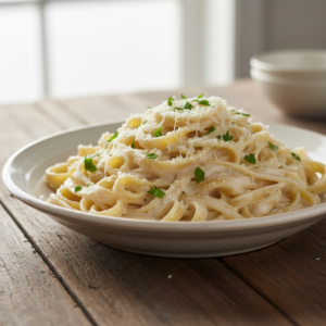 A steaming bowl of creamy homemade fettuccine alfredo, garnished with fresh Parmesan cheese and parsley.