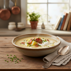 A steaming bowl of creamy potato soup garnished with chives and bacon, ready to be enjoyed.