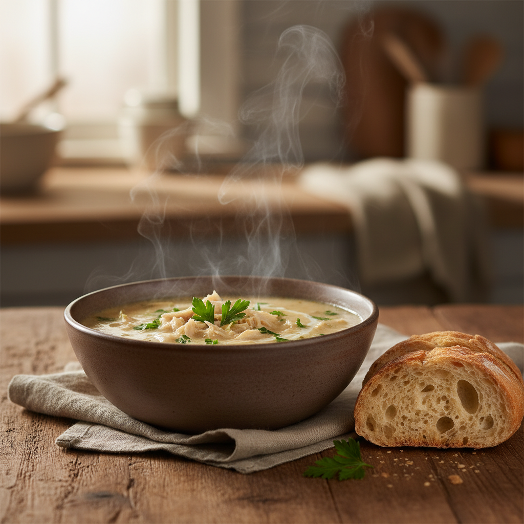 A steaming bowl of creamy shredded chicken noodle soup garnished with parsley, on a rustic wooden table, evoking comfort.