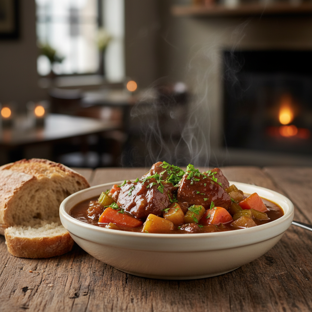 A steaming bowl of hearty beef stew with tender beef and vegetables, garnished with parsley, served with crusty bread on a rustic table.