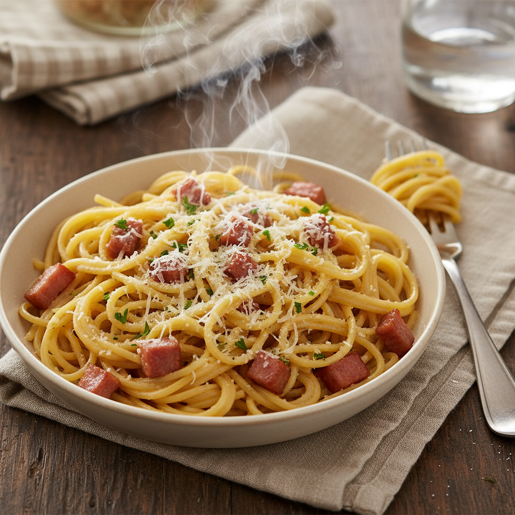 A steaming, creamy bowl of classic spaghetti carbonara with visible crispy pancetta and fresh parsley.