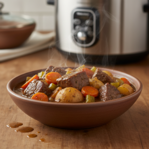 A steaming, hearty bowl of slow cooker beef stew with tender beef, carrots, potatoes, and rich gravy, served on a wooden surface.