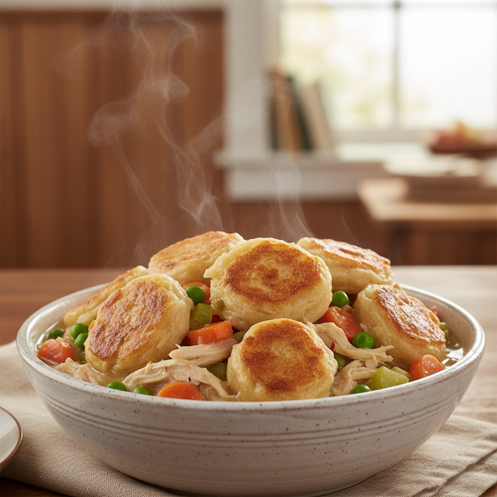 A steaming, rustic white bowl of homemade chicken and dumplings with fluffy dumplings, tender chicken, and vegetables in a creamy broth.