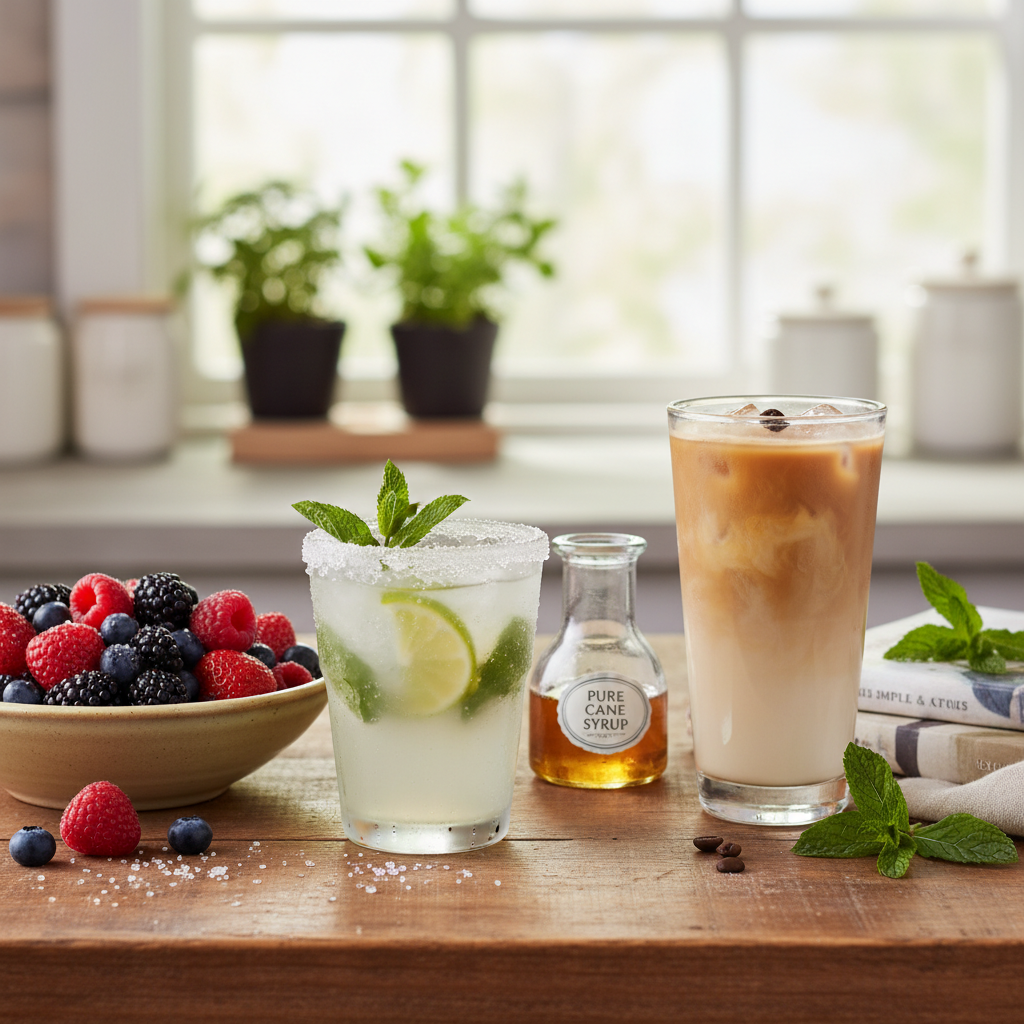 A tabletop display featuring a refreshing cocktail, an iced coffee, and fresh fruit, all applications for simple syrup.