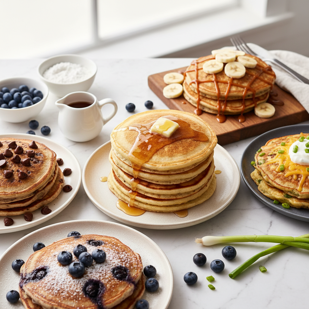 A top-down view of five different types of pancakes, including classic, chocolate chip, blueberry, banana, and savory, arranged attractively on a table.