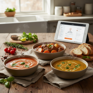 A trio of steaming, delicious homemade soups and stews, including creamy tomato soup, hearty beef stew, and lentil soup, artfully arranged on a rustic table in a warm kitchen setting.