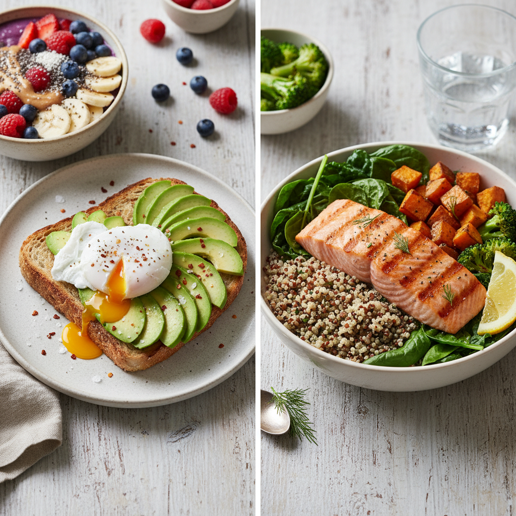A two-panel image showing healthy breakfast avocado toast with a poached egg and a berry smoothie bowl, and a healthy lunch quinoa salad with grilled salmon.