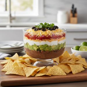 A vibrant and delicious 7-layer dip in a clear glass bowl, garnished with fresh cilantro, surrounded by golden tortilla chips on a rustic wooden board.