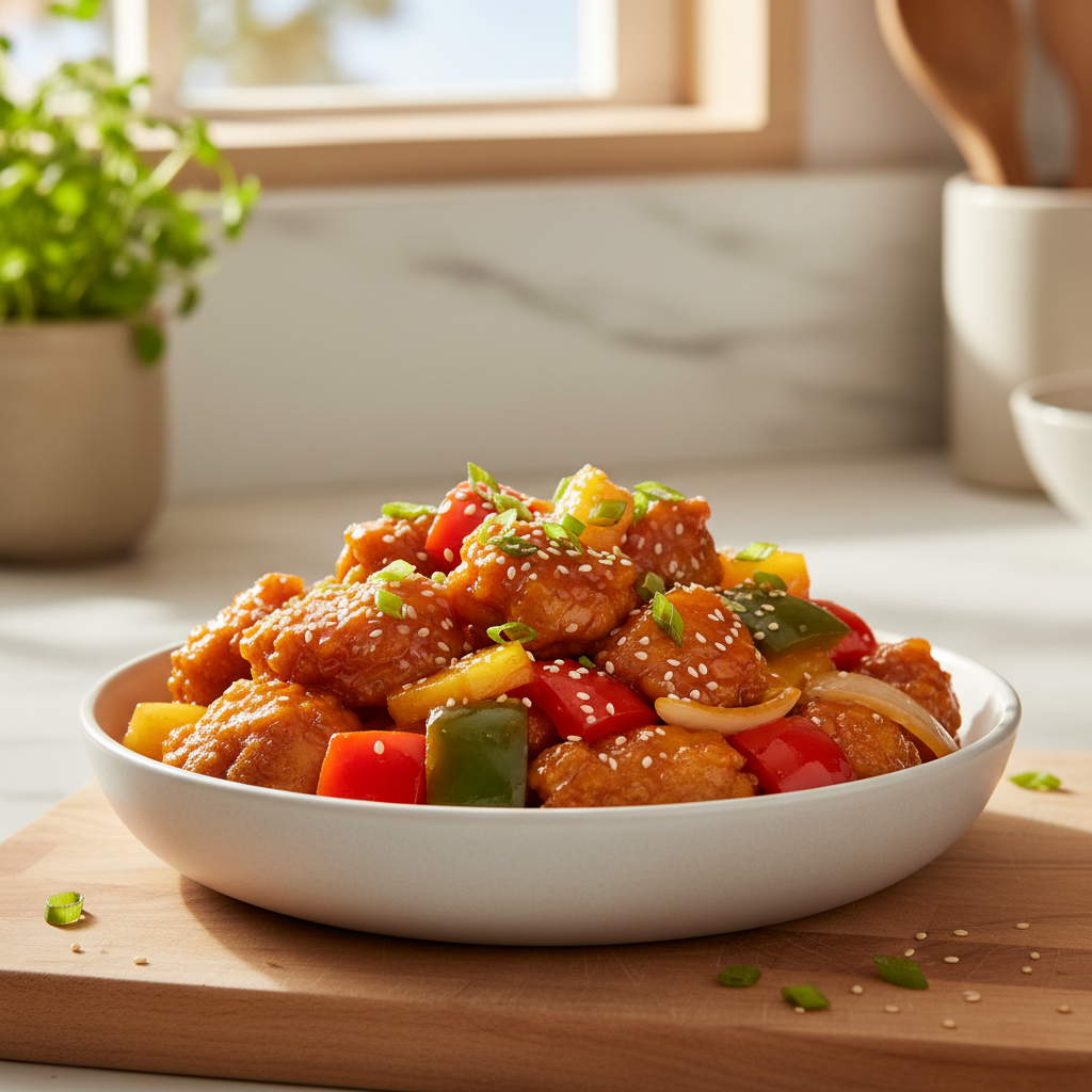 A vibrant and delicious-looking plate of homemade sweet and sour chicken, featuring crispy chicken pieces, colorful bell peppers, pineapple, and a glistening tangy sauce.