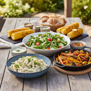 A vibrant and diverse collection of easy-to-make side dishes, including fresh green salad, roasted vegetables, pasta salad, and grilled corn, artfully arranged on a wooden table, perfect for any meal.