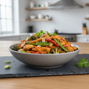 A vibrant bowl of easy chicken stir fry with tender chicken, colorful vegetables, and a glossy sauce, garnished with sesame seeds and cilantro.