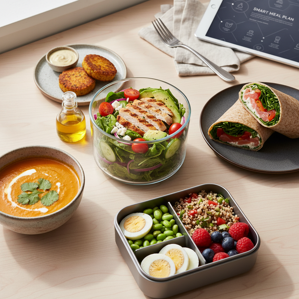 A vibrant flat lay of several easy lunch options including a fresh salad, a deli wrap, and a compartmentalized bento box, styled for a food magazine.