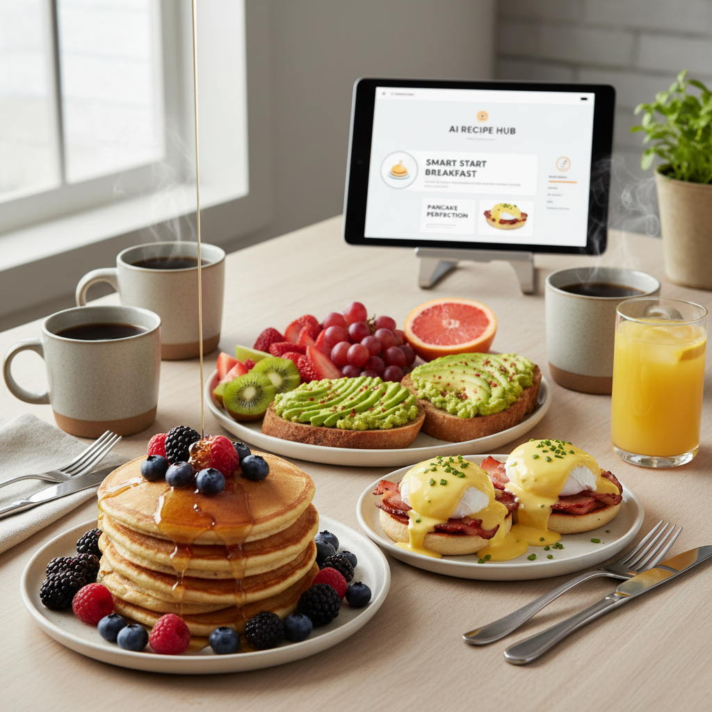 A vibrant, photorealistic spread of various breakfast and brunch dishes including pancakes with berries, eggs Benedict, avocado toast, fresh fruit, and coffee, arranged on a light wooden table, with a blurred tablet displaying a recipe in the background.
