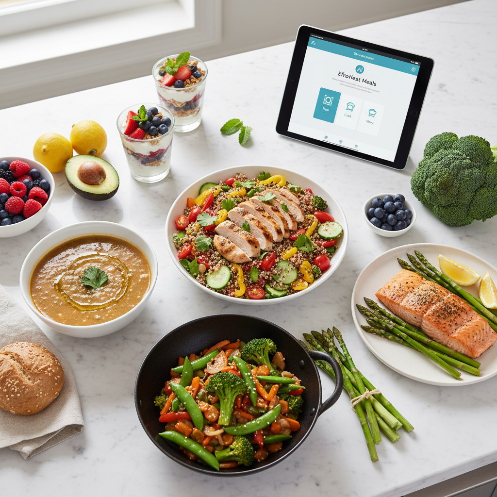 A vibrant spread of healthy, diet-friendly meals including salad, roasted salmon, and vegetable stir-fry, artfully arranged on a bright kitchen counter with a tablet displaying a recipe app in the background.