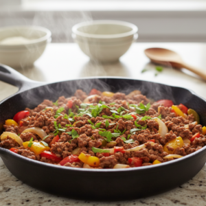A vibrant, steaming ground beef and vegetable skillet dinner garnished with fresh herbs, ready to be served on a clean kitchen counter.