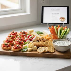A visually appealing platter of various easy-to-make party appetizers, including bruschetta, Caprese skewers, and cheese, presented on a table with a tablet subtly displaying a recipe in the background.