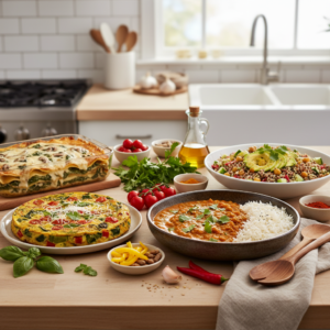 A visually appealing spread of diverse vegetarian and vegan dishes on a kitchen counter, highlighting the variety and deliciousness of plant-based eating.