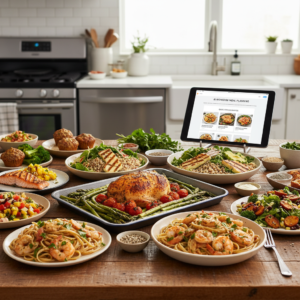 A visually appealing spread of various healthy and quick dinner dishes, including chicken, quinoa, and shrimp, arranged on a wooden table in a bright kitchen.