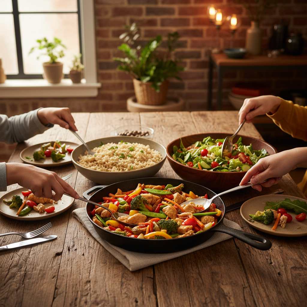 A warm and inviting family-style dinner of chicken and vegetable stir-fry with rice and salad on a rustic wooden table.