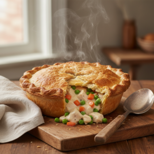 A warm, golden-brown chicken pot pie with a flaky crust, garnished with fresh parsley, served on a rustic wooden table.