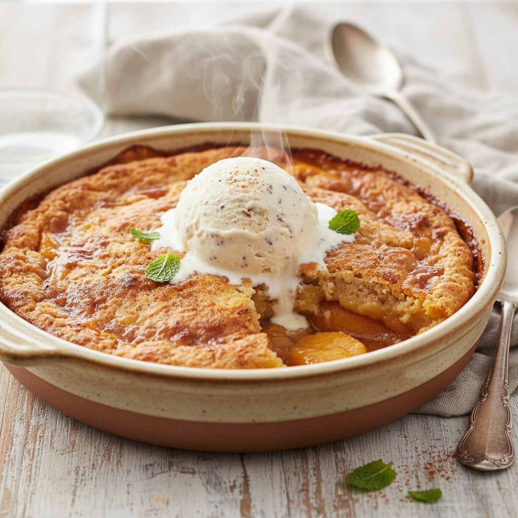 A warm, golden-brown peach cobbler made with canned peaches, served in a baking dish with a scoop of melting vanilla ice cream on top.