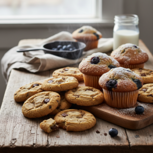 A warm plate filled with golden-brown chocolate chip cookies and fluffy blueberry muffins on a rustic wooden table, showcasing fresh, easy baking.