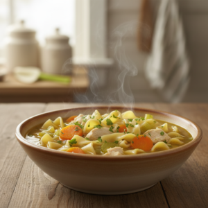 A warm, steaming bowl of homemade chicken noodle soup with chicken, noodles, carrots, celery, and fresh parsley, presented on a rustic wooden table.