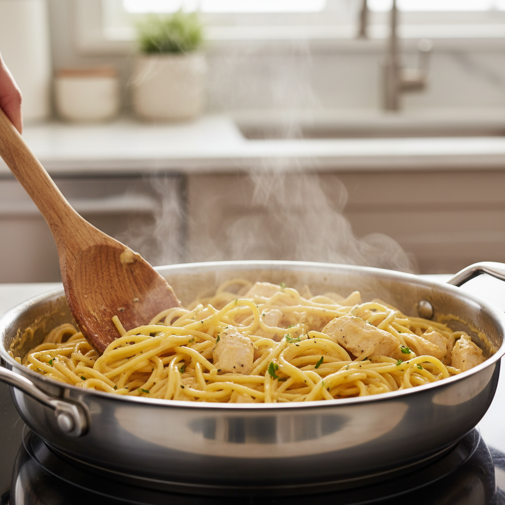 A wooden spoon stirring creamy chicken spaghetti in a large skillet, highlighting its rich texture.