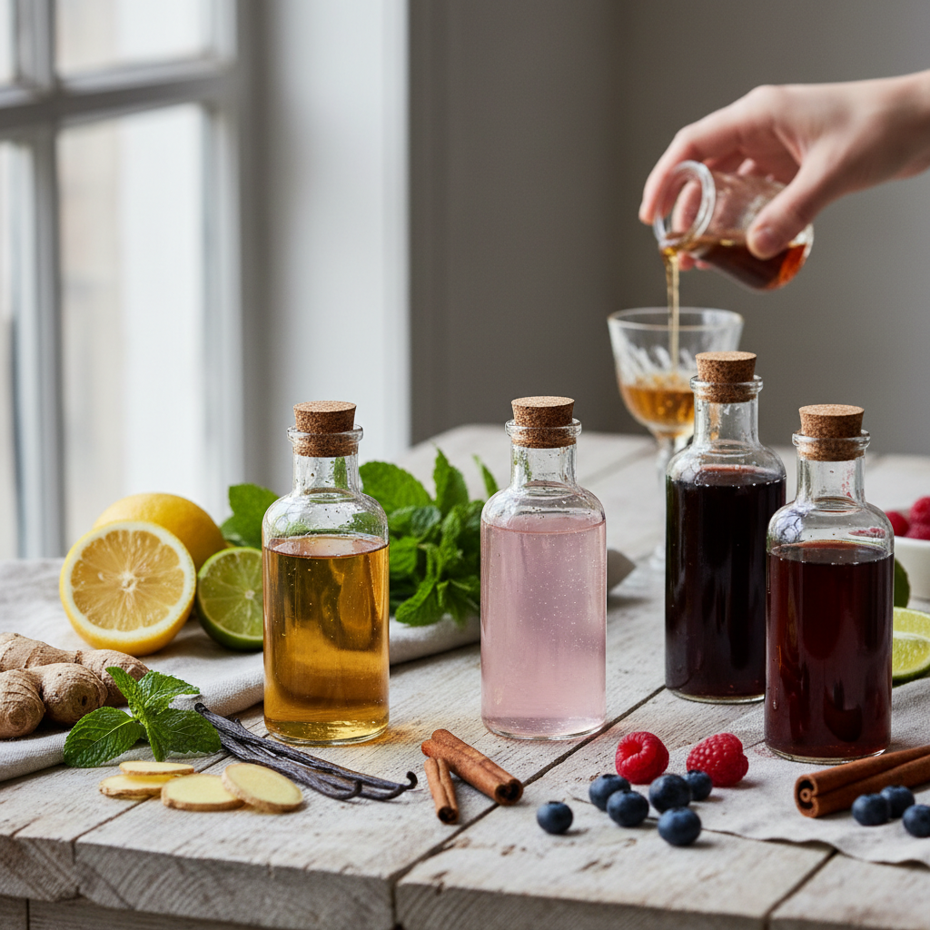 An array of small bottles containing various flavored simple syrups, surrounded by fresh ingredients like lemon, mint, vanilla beans, and ginger.