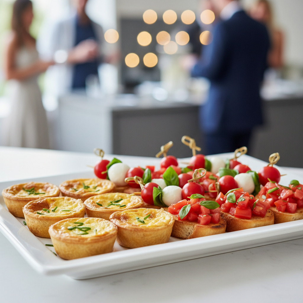 An elegant platter of various easy party finger foods, including mini quiches, bruschetta, and caprese skewers.