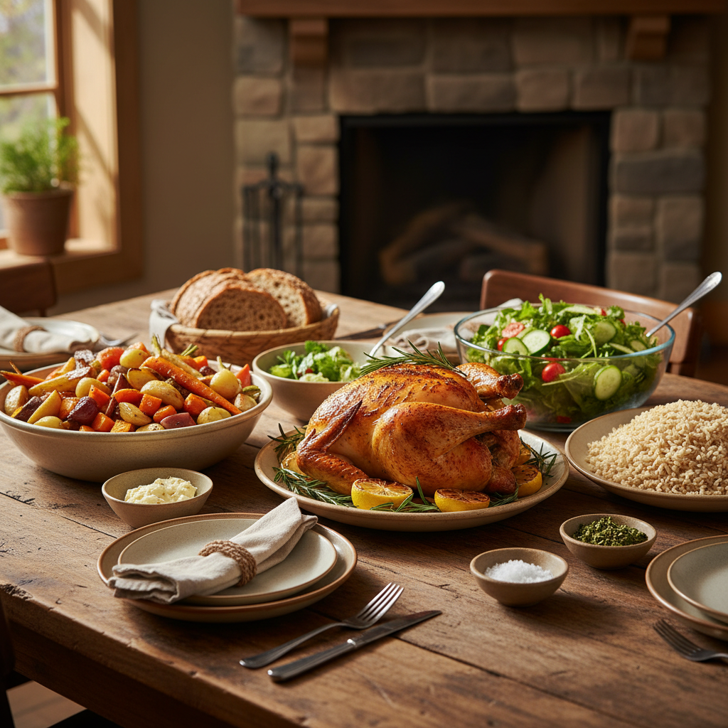 An inviting dining table with a roasted chicken, colorful roasted vegetables, a fresh salad, and whole-grain rice, set for a family meal.