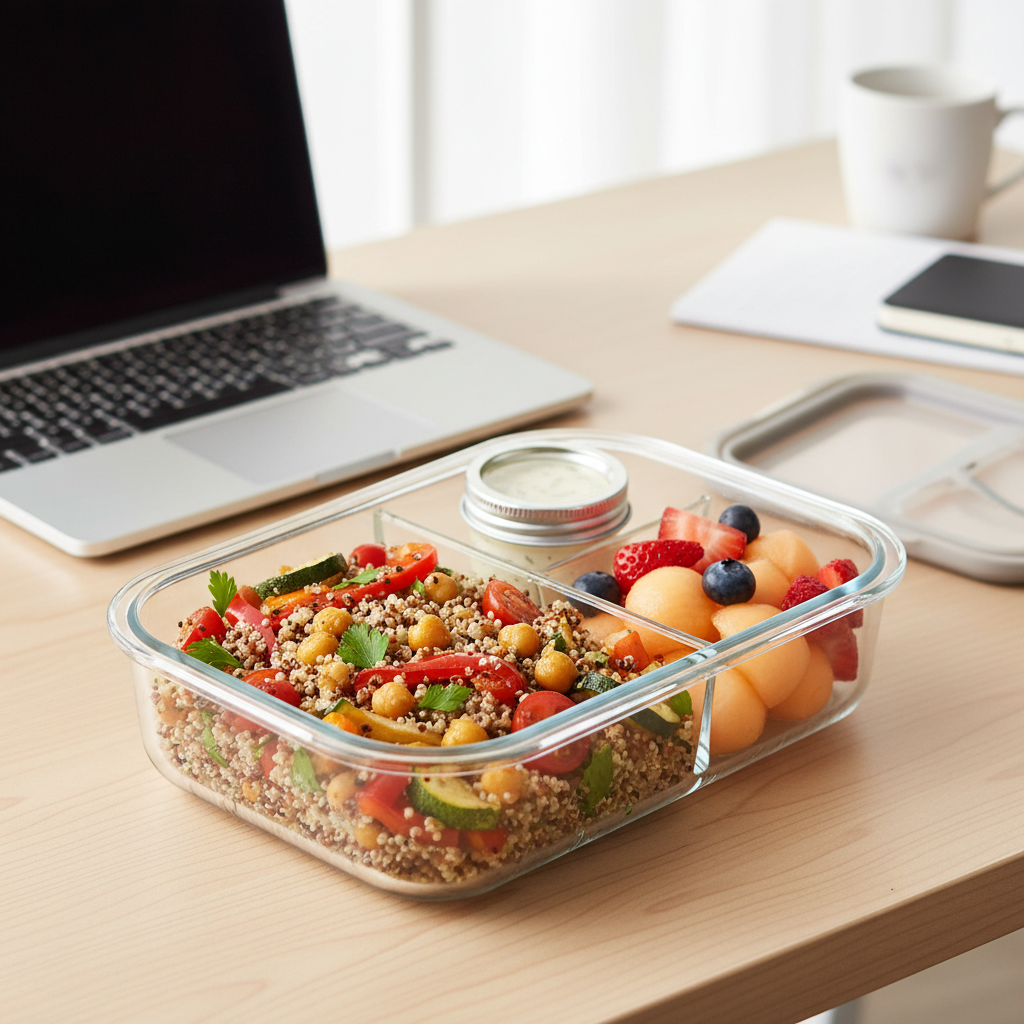 An open, clear lunch container filled with a vibrant quinoa salad, fresh fruit, and dressing, sitting on a modern office desk.