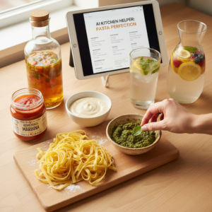 An overhead view of a kitchen counter displaying various homemade sauces, fresh pasta, vegetable stock, and refreshing drinks, with a tablet showing a recipe in the background.