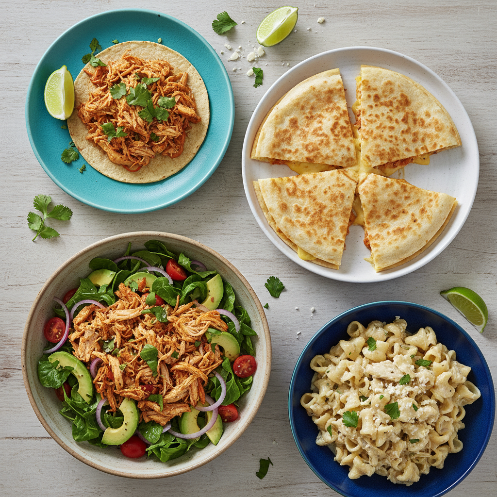 An overhead view of four diverse shredded chicken dishes: a taco, a salad, a quesadilla, and a pasta dish, showcasing the versatility of shredded chicken.